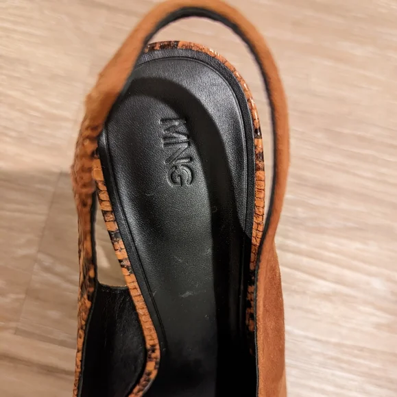 Mango Faux Snakeskin Suede Slingback Heels Size US 9.5 Cognac - Picture 14 of 15